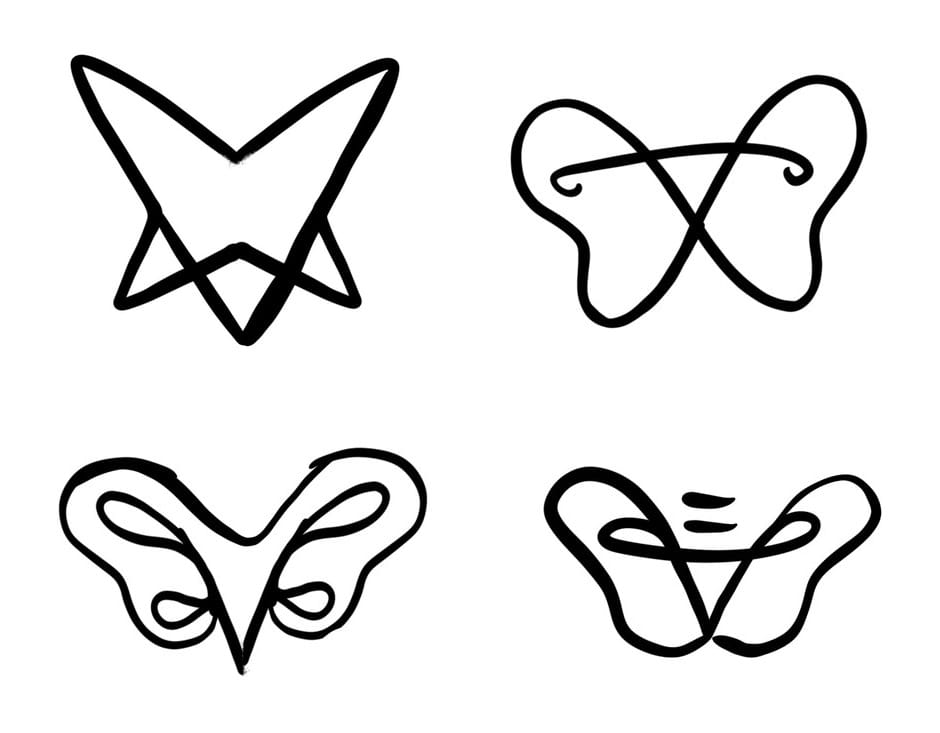 Four hand-drawn black marker butterfly sketches: a large angular folded W, a pair of looped wings crossed by a bar, an ornate looped butterfly with a V at the center, and a looped butterfly with three short lines above it